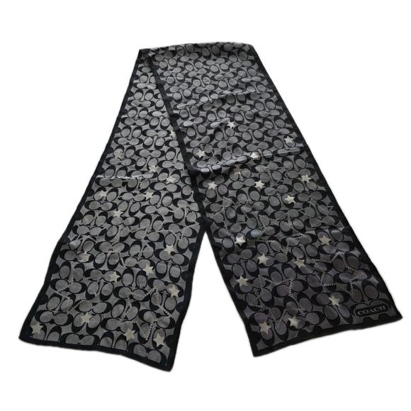 Coach Brand Narrow Scarf 10"x 60” 100% Silk Black Monogram C Logo Stars - Picture 1 of 6